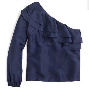J.Crew Silk one shoulder navy blue ruffle blouse